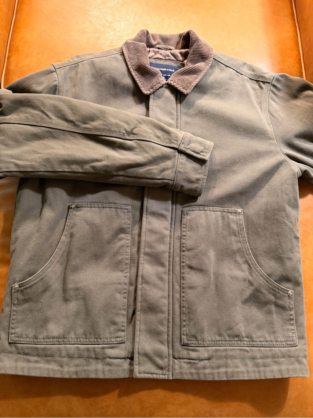Abercrombie Men's Olive Green Canvas Work Jacket with Corduroy Collar